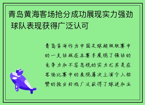 青岛黄海客场抢分成功展现实力强劲 球队表现获得广泛认可