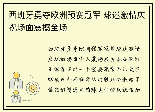 西班牙勇夺欧洲预赛冠军 球迷激情庆祝场面震撼全场