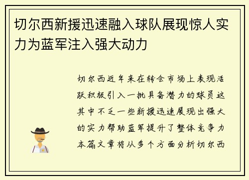 切尔西新援迅速融入球队展现惊人实力为蓝军注入强大动力