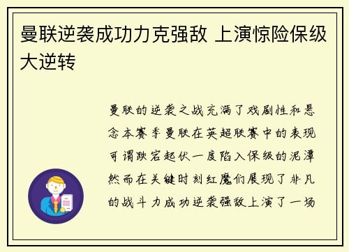曼联逆袭成功力克强敌 上演惊险保级大逆转